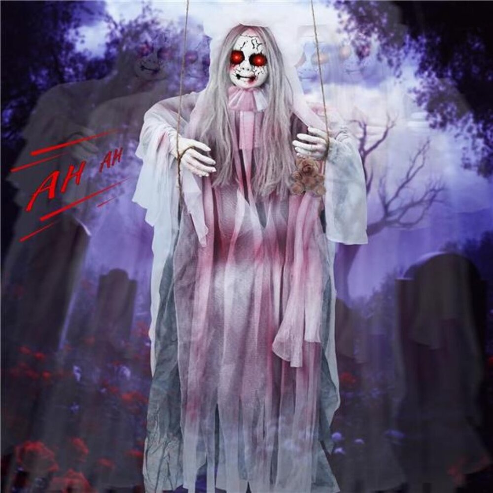Creepy Halloween Hanging Ghosts, Animatronic Scary Hanging Swinging Girl Ghost